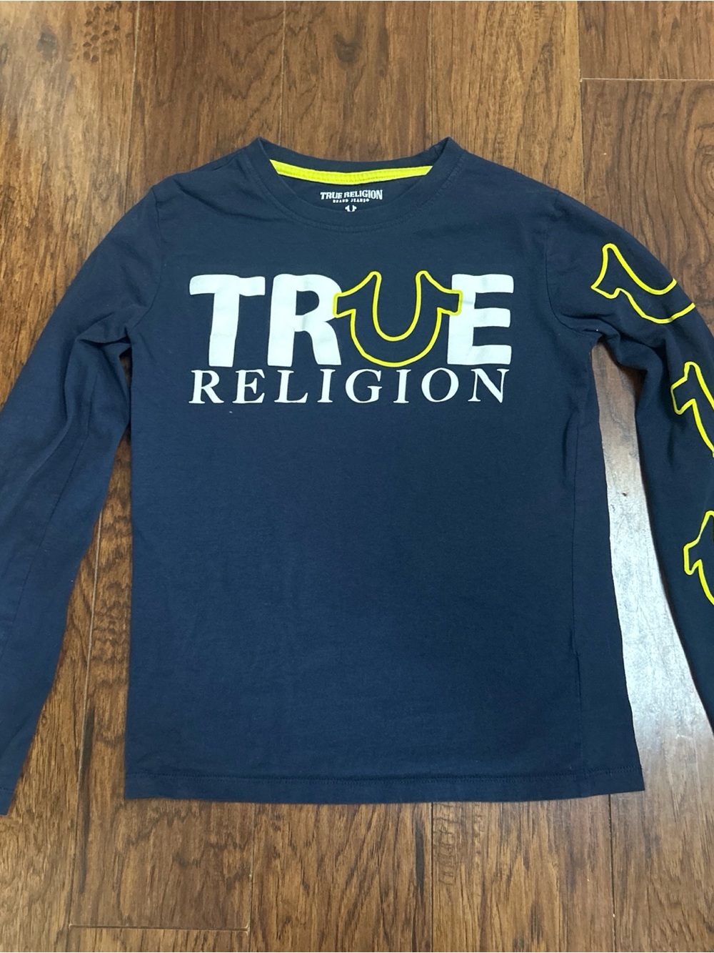 True Religion Navy Long Sleeve Logo Tee with Yellow Accents